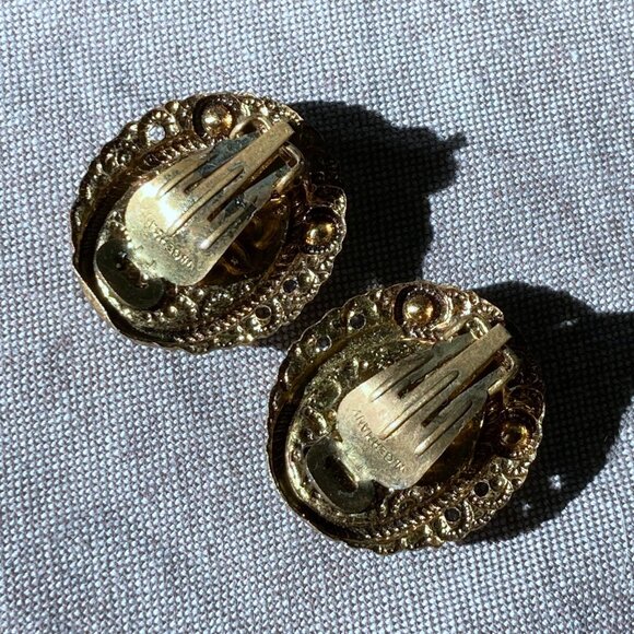 Vintage W. Germany, Gold-Toned, AB Crystals, Clip-On Earrings, Aurora Borealis - Picture 6 of 8